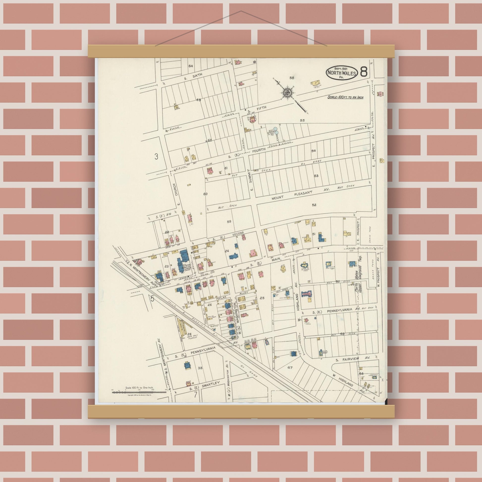Old map wall art mockup — magnetic wood frame on brick wall — Sanborn Fire Insurance Map from North Wales, Montgomery County, Pennsylvania (1921), Sheet #0008
