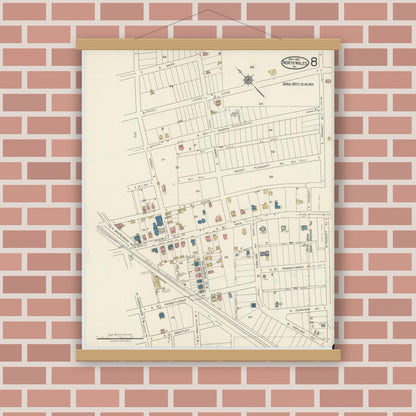 Old map wall art mockup — magnetic wood frame on brick wall — Sanborn Fire Insurance Map from North Wales, Montgomery County, Pennsylvania (1921), Sheet #0008