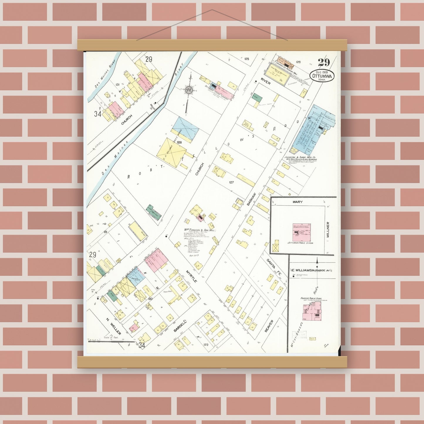 Old map wall art mockup — magnetic wood frame on brick wall — Sanborn Fire Insurance Map from Ottumwa, Wapello County, Iowa (1909), Sheet #0029