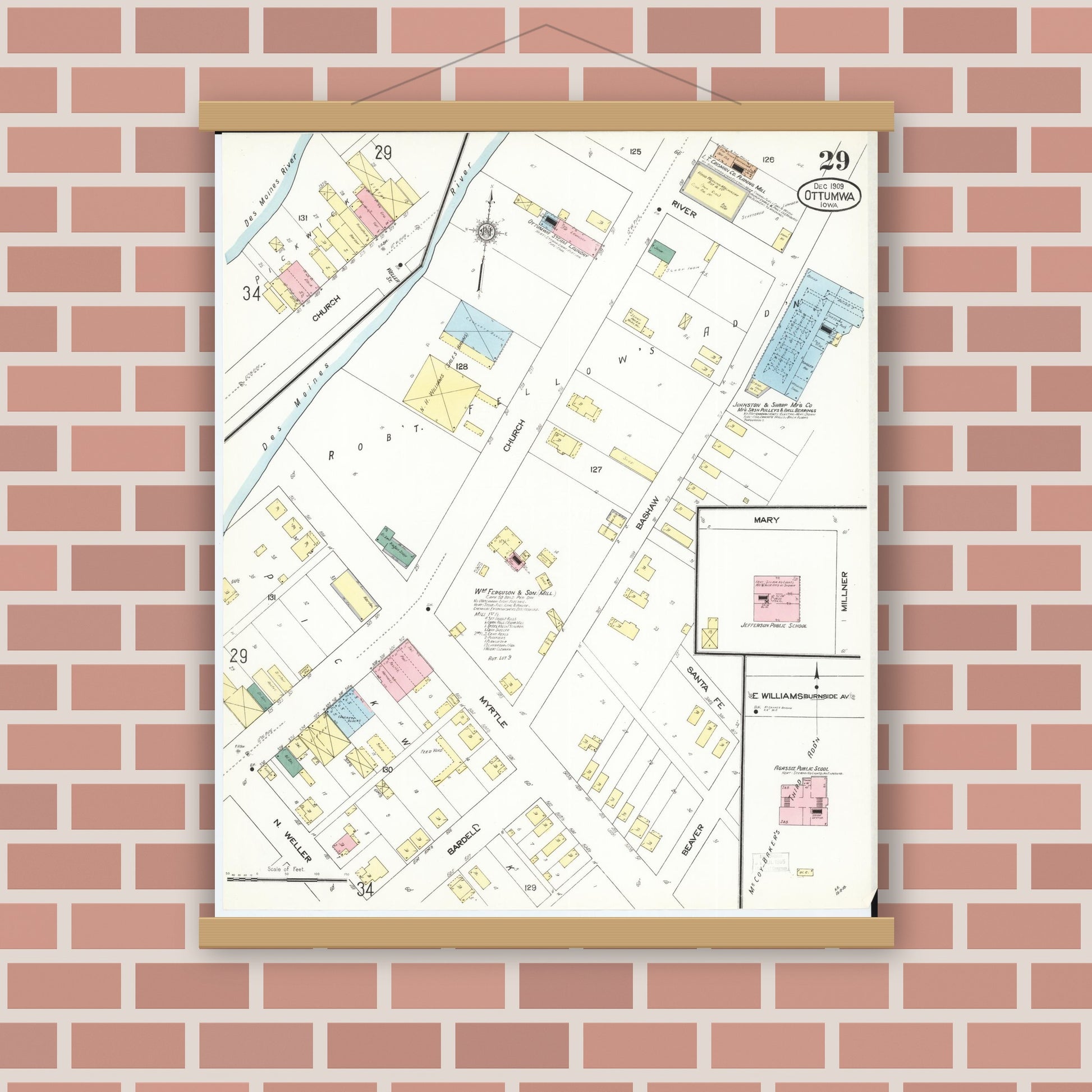 Old map wall art mockup — magnetic wood frame on brick wall — Sanborn Fire Insurance Map from Ottumwa, Wapello County, Iowa (1909), Sheet #0029