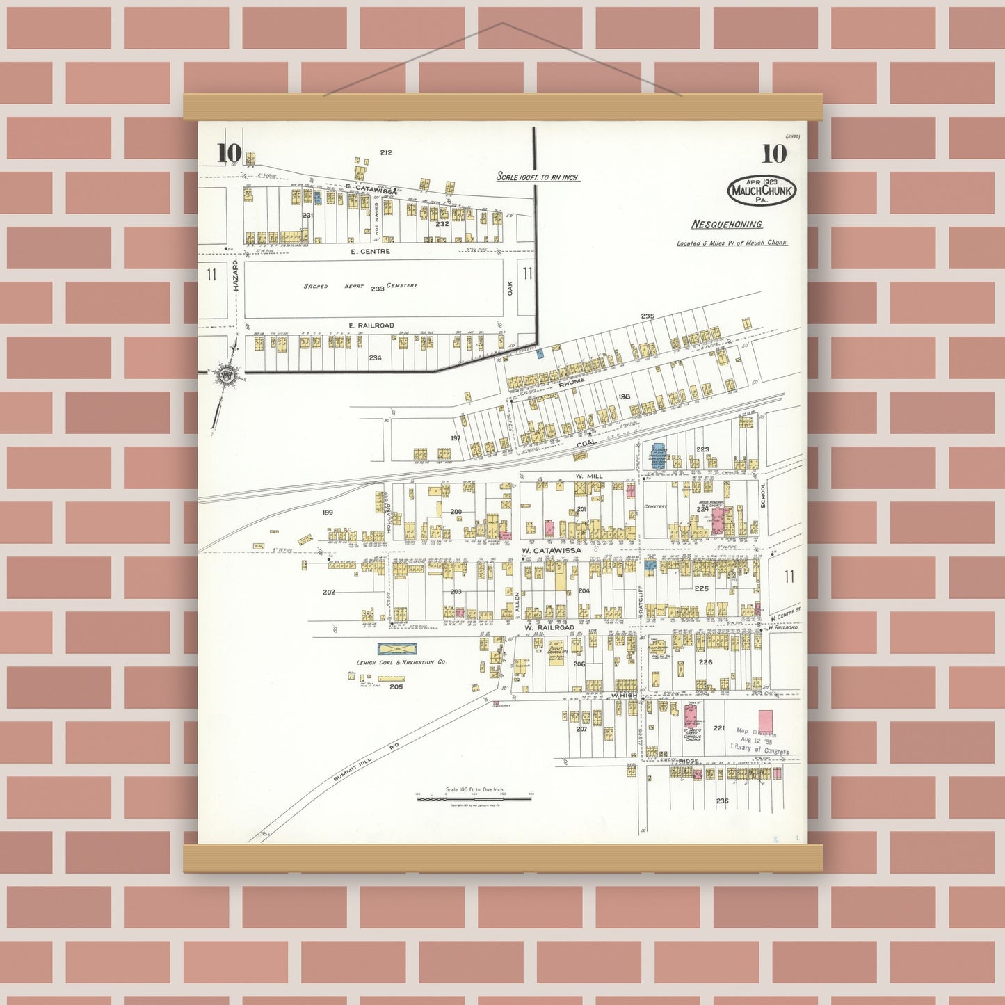 Old map wall art mockup — magnetic wood frame on brick wall — Sanborn Fire Insurance Map from Mauch Chunk, Carbon County, Pennsylvania (1923), Sheet #0010