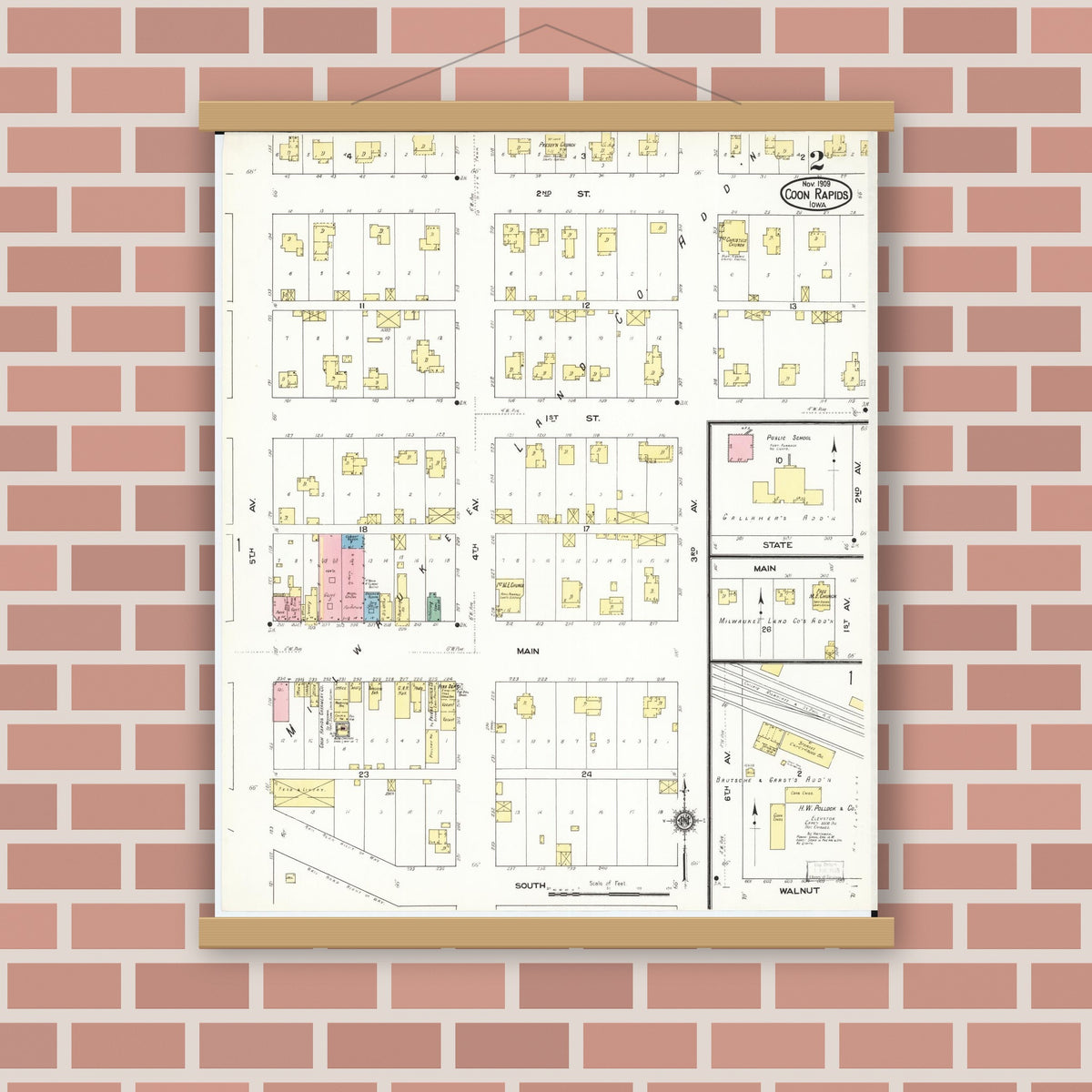 Old map wall art mockup — magnetic wood frame on brick wall — Sanborn Fire Insurance Map from Coon Rapids, Carroll County, Iowa (1909), Sheet #0002
