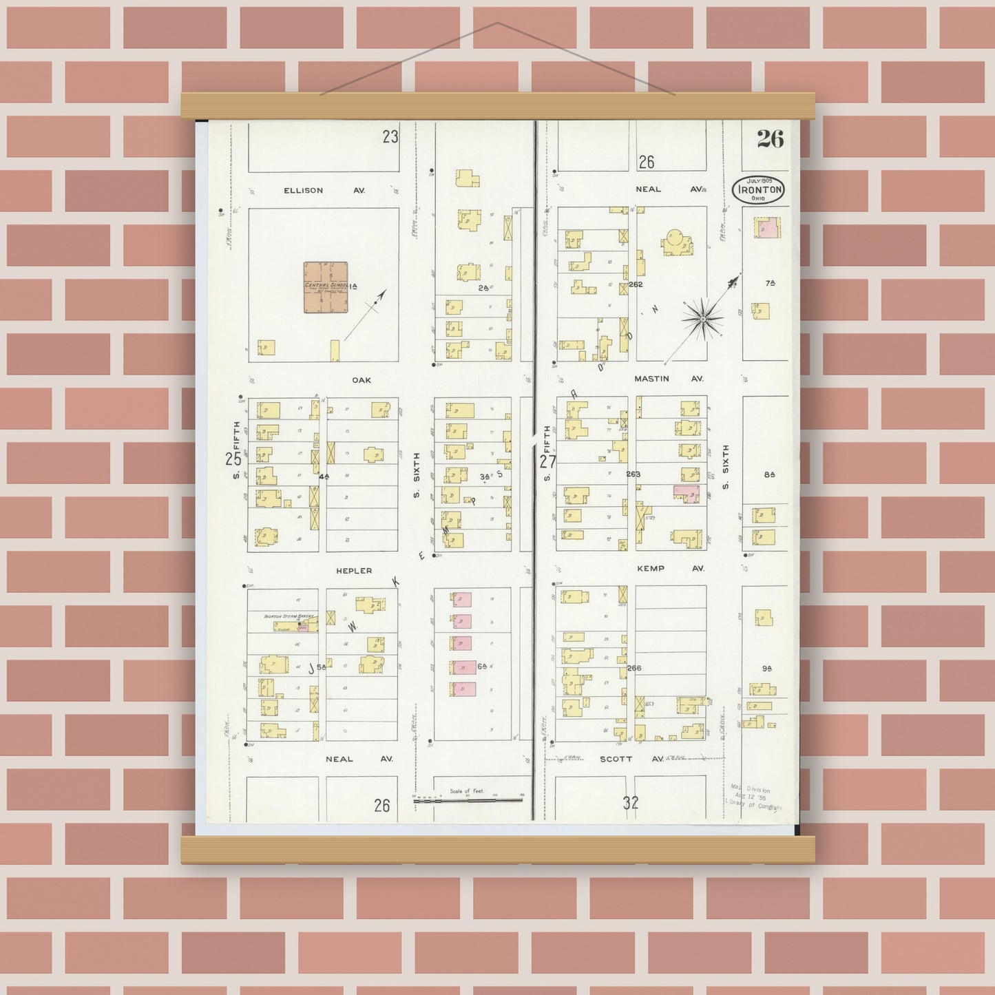 Old map wall art mockup — magnetic wood frame on brick wall — Sanborn Fire Insurance Map from Ironton, Lawrence County, Ohio (1909), Sheet #0026