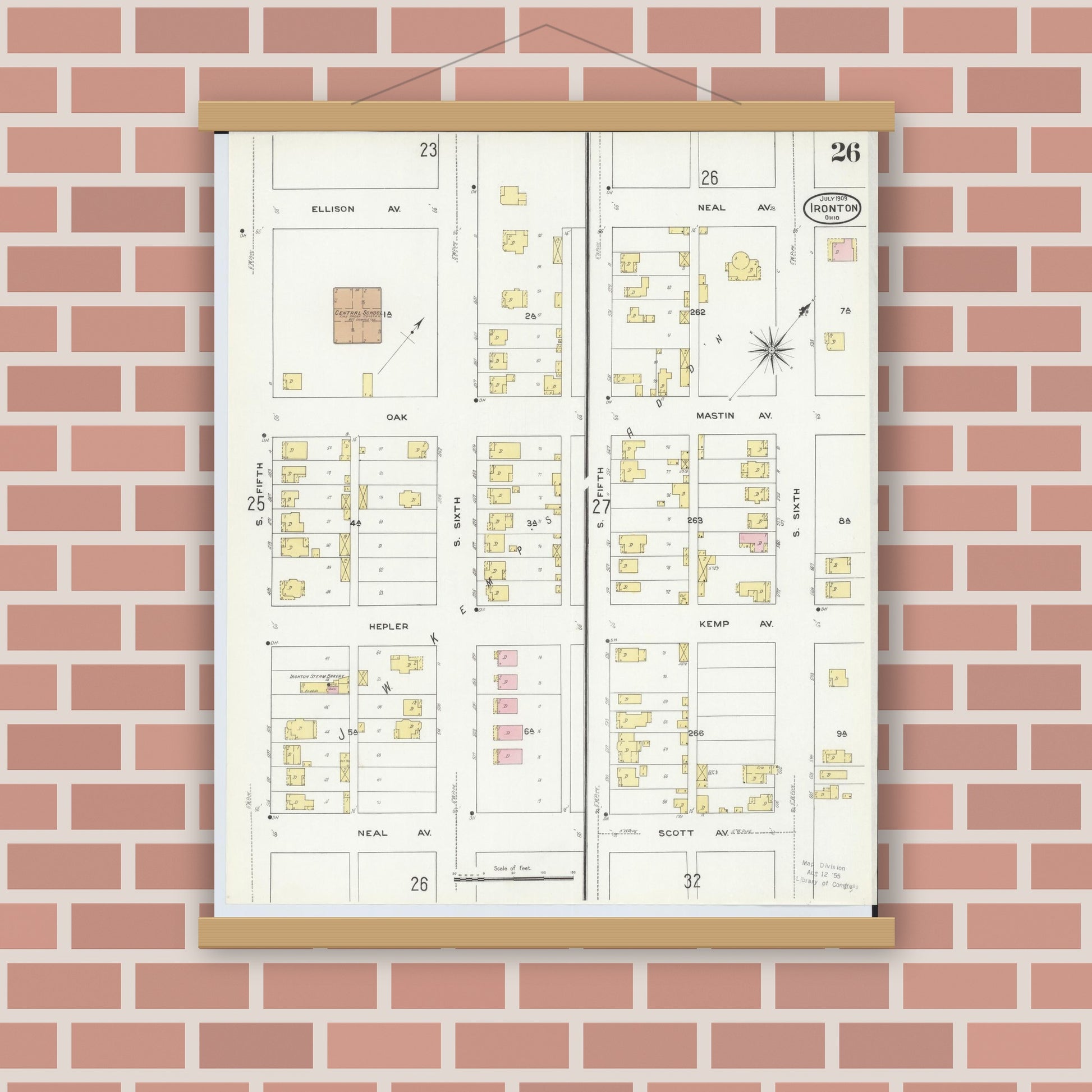 Old map wall art mockup — magnetic wood frame on brick wall — Sanborn Fire Insurance Map from Ironton, Lawrence County, Ohio (1909), Sheet #0026