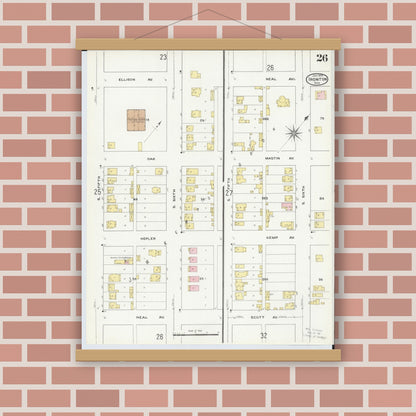 Old map wall art mockup — magnetic wood frame on brick wall — Sanborn Fire Insurance Map from Ironton, Lawrence County, Ohio (1909), Sheet #0026