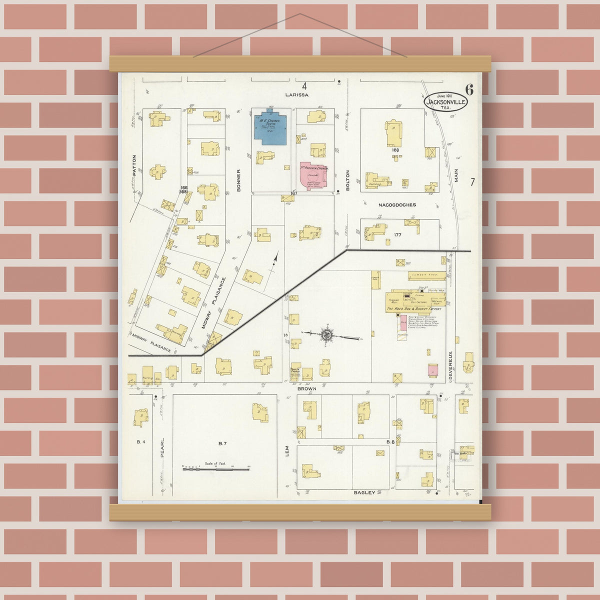 Old map wall art mockup — magnetic wood frame on brick wall — Sanborn Fire Insurance Map from Jacksonville, Cherokee County, Texas (1911), Sheet #0006