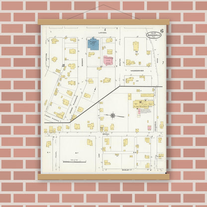Old map wall art mockup — magnetic wood frame on brick wall — Sanborn Fire Insurance Map from Jacksonville, Cherokee County, Texas (1911), Sheet #0006