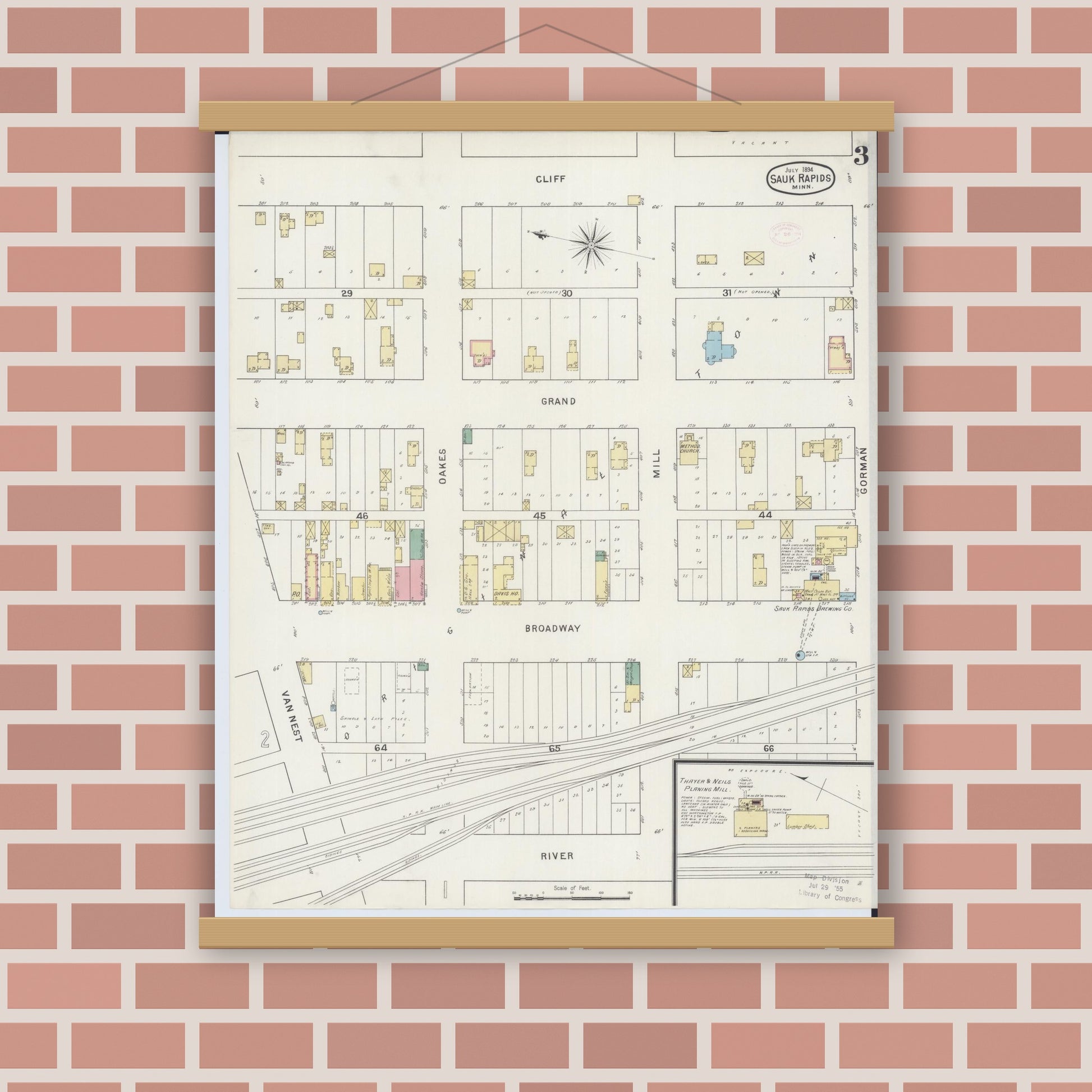 Old map wall art mockup — magnetic wood frame on brick wall — Sanborn Fire Insurance Map from Sauk Rapids, Benton County, Minnesota (1894), Sheet #0003