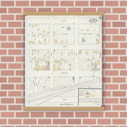 Old map wall art mockup — magnetic wood frame on brick wall — Sanborn Fire Insurance Map from Sauk Rapids, Benton County, Minnesota (1894), Sheet #0003