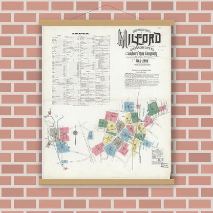 Old map wall art mockup — magnetic wood frame on brick wall — Sanborn Fire Insurance Map from Milford, Worcester County, Massachusetts (1910) - Complete Map Set