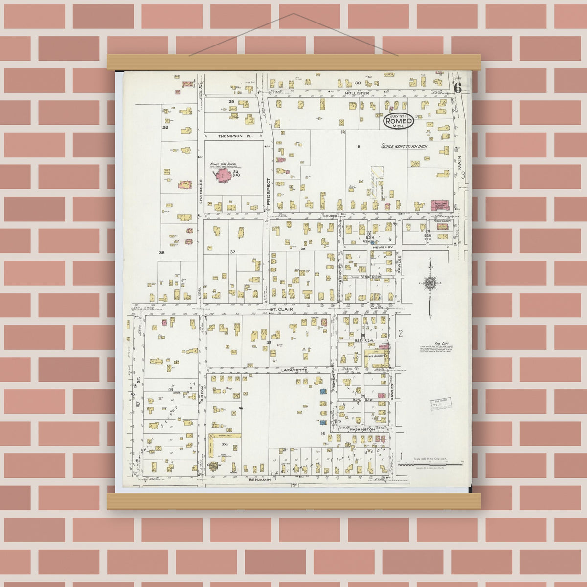 Old map wall art mockup — magnetic wood frame on brick wall — Sanborn Fire Insurance Map from Romeo, Macomb County, Michigan (1921), Sheet #0006