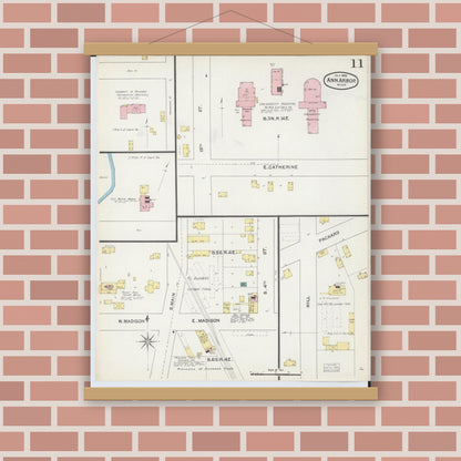 Old map wall art mockup — magnetic wood frame on brick wall — Sanborn Fire Insurance Map from Ann Arbor, Washtenaw County, Michigan (1892), Sheet #0011