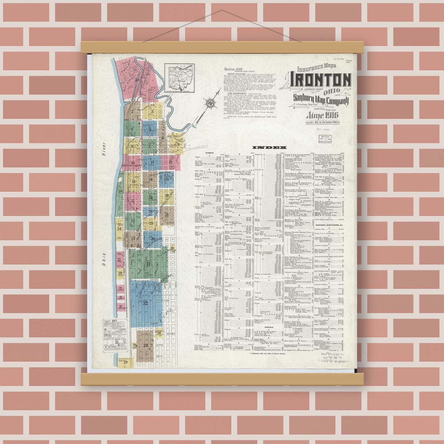 Old map wall art mockup — magnetic wood frame on brick wall — Sanborn Fire Insurance Map from Ironton, Lawrence County, Ohio (1916) - Complete Map Set