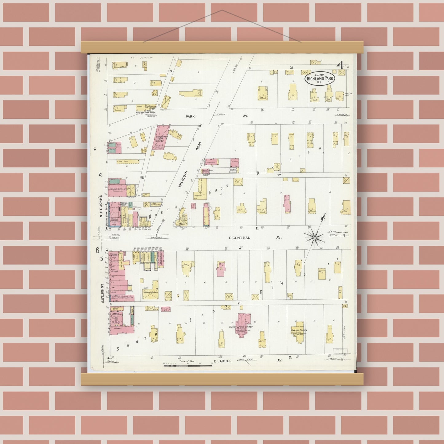 Old map wall art mockup — magnetic wood frame on brick wall — Sanborn Fire Insurance Map from Highland Park, Lake County, Illinois (1907), Sheet #0004