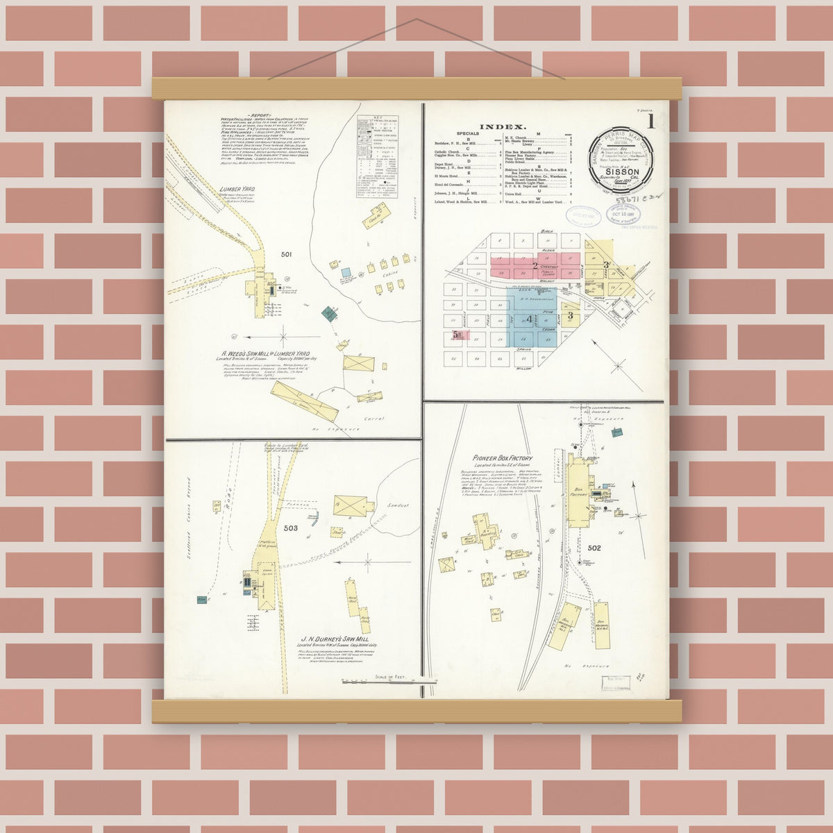 Old map wall art mockup — magnetic wood frame on brick wall — Sanborn Fire Insurance Map from Sisson, Siskiyou County, California (1897) - Complete Map Set