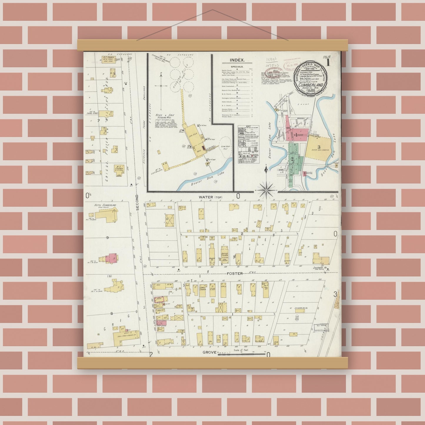 Old map wall art mockup — magnetic wood frame on brick wall — Sanborn Fire Insurance Map from Cumberland, Barron County, Wisconsin (1899) - Complete Map Set