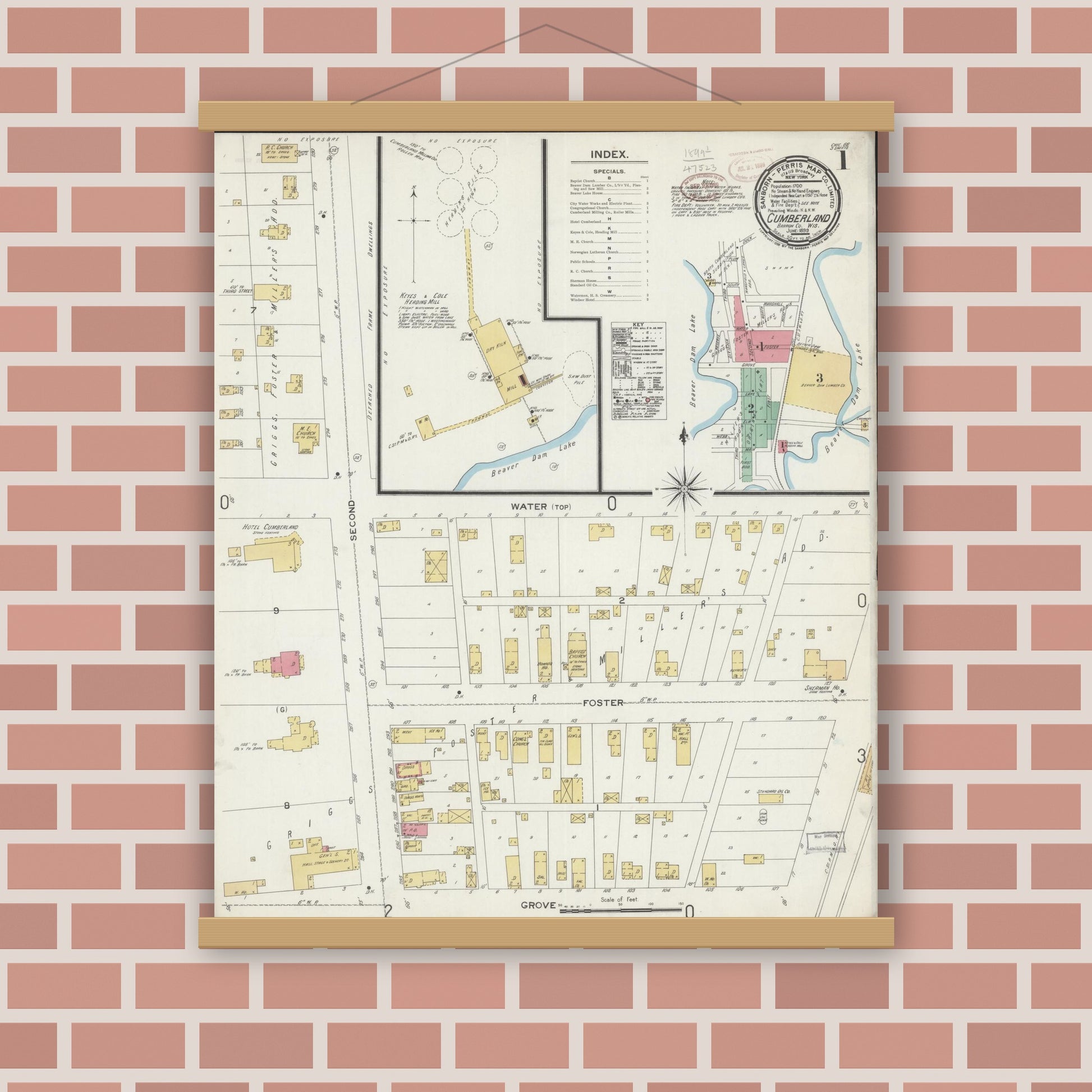Old map wall art mockup — magnetic wood frame on brick wall — Sanborn Fire Insurance Map from Cumberland, Barron County, Wisconsin (1899) - Complete Map Set