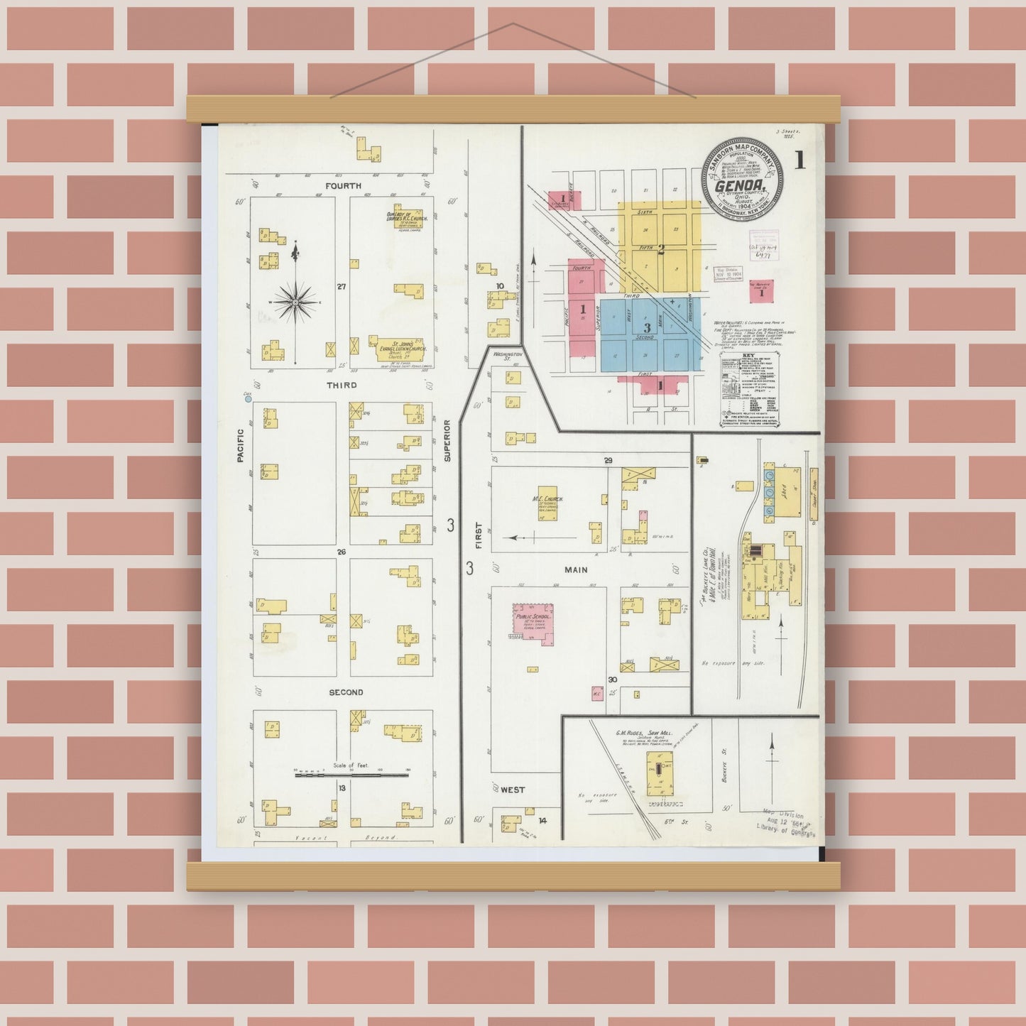 Old map wall art mockup — magnetic wood frame on brick wall — Sanborn Fire Insurance Map from Genoa, Ottawa County, Ohio (1904) - Complete Map Set