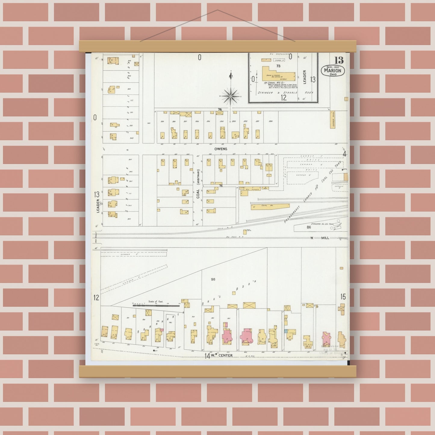 Old map wall art mockup — magnetic wood frame on brick wall — Sanborn Fire Insurance Map from Marion, Marion County, Ohio (1900), Sheet #0013