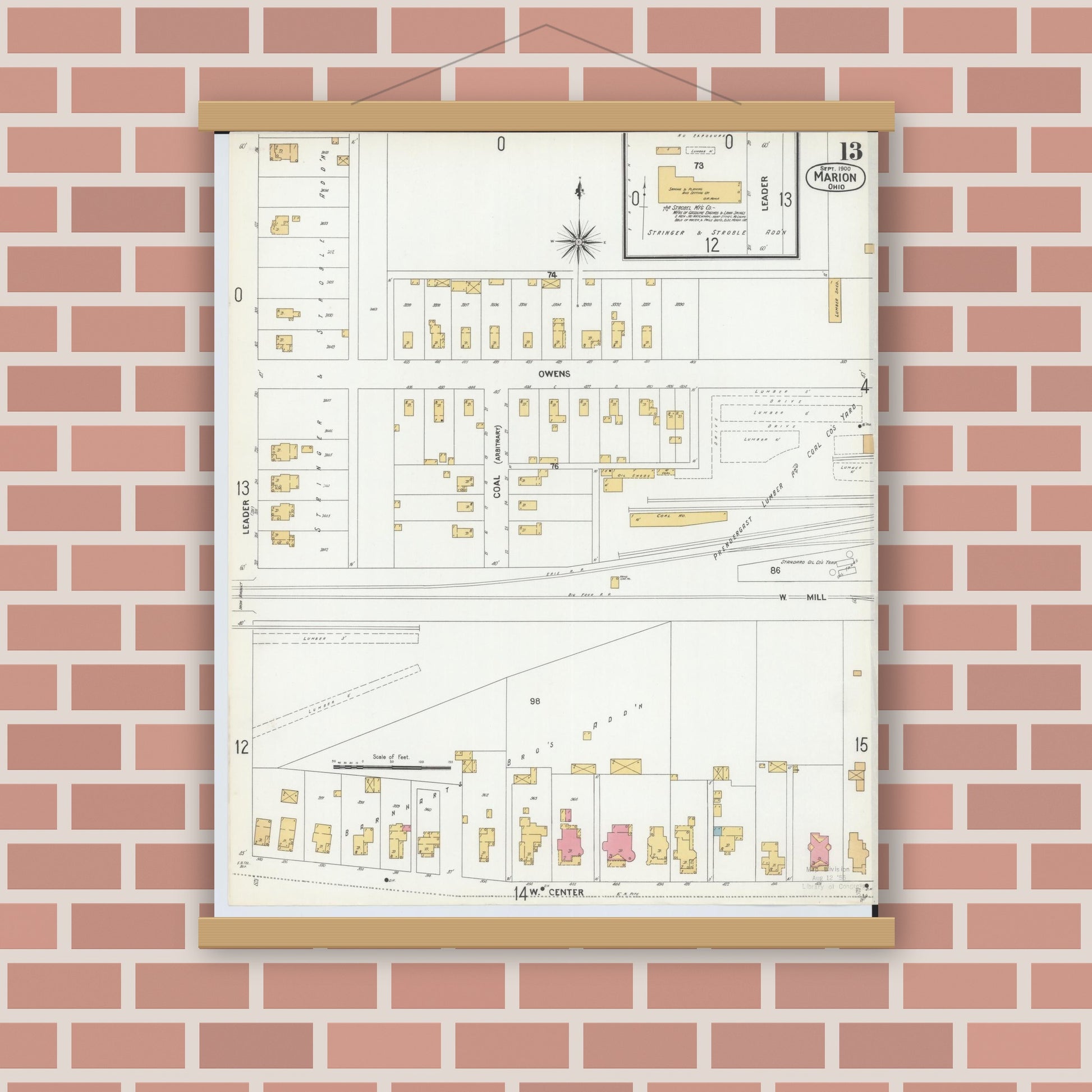 Old map wall art mockup — magnetic wood frame on brick wall — Sanborn Fire Insurance Map from Marion, Marion County, Ohio (1900), Sheet #0013