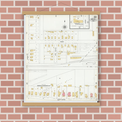 Old map wall art mockup — magnetic wood frame on brick wall — Sanborn Fire Insurance Map from Marion, Marion County, Ohio (1900), Sheet #0013