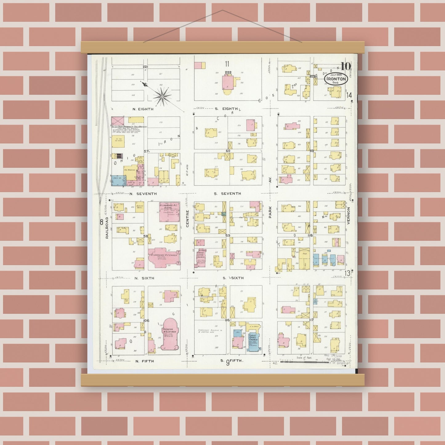 Old map wall art mockup — magnetic wood frame on brick wall — Sanborn Fire Insurance Map from Ironton, Lawrence County, Ohio (1909), Sheet #0010