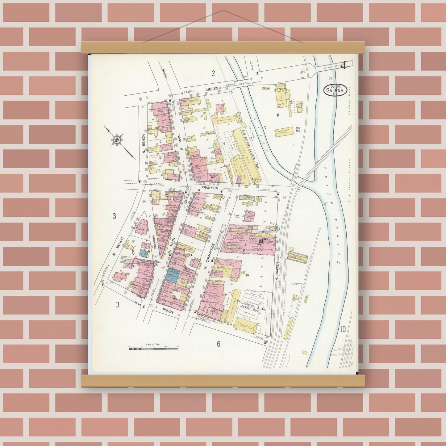 Old map wall art mockup — magnetic wood frame on brick wall — Sanborn Fire Insurance Map from Galena, Jo Daviess County, Illinois (1912), Sheet #0004