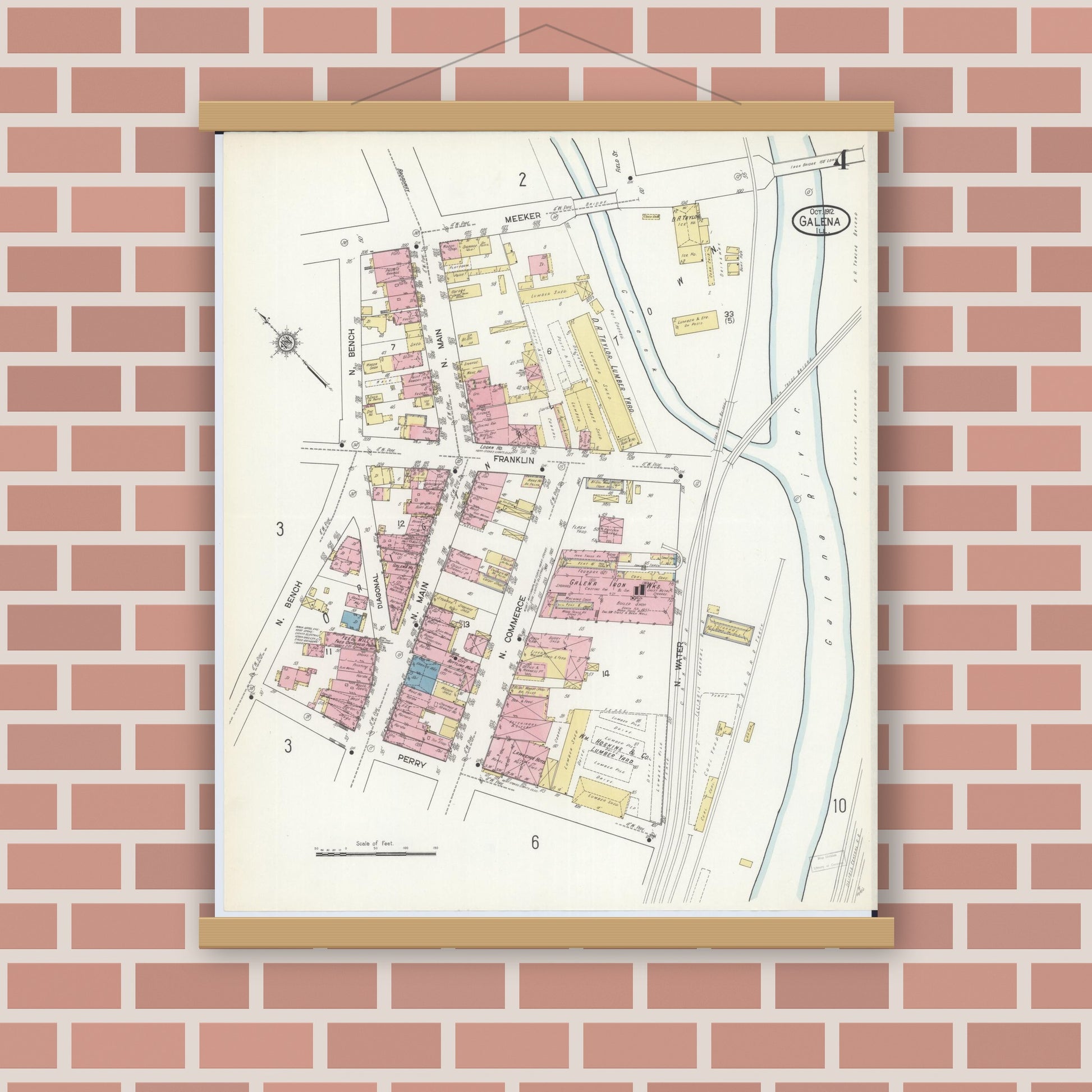 Old map wall art mockup — magnetic wood frame on brick wall — Sanborn Fire Insurance Map from Galena, Jo Daviess County, Illinois (1912), Sheet #0004