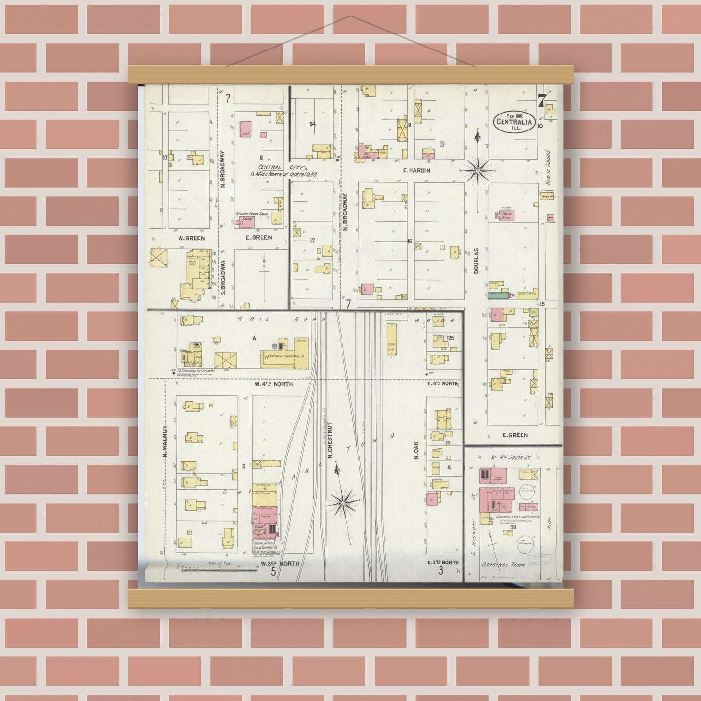 Old map wall art mockup — magnetic wood frame on brick wall — Sanborn Fire Insurance Map from Centralia, Marion, Clinton, Jefferson, and Washington Counties, Illinois (1902), Sheet #0007