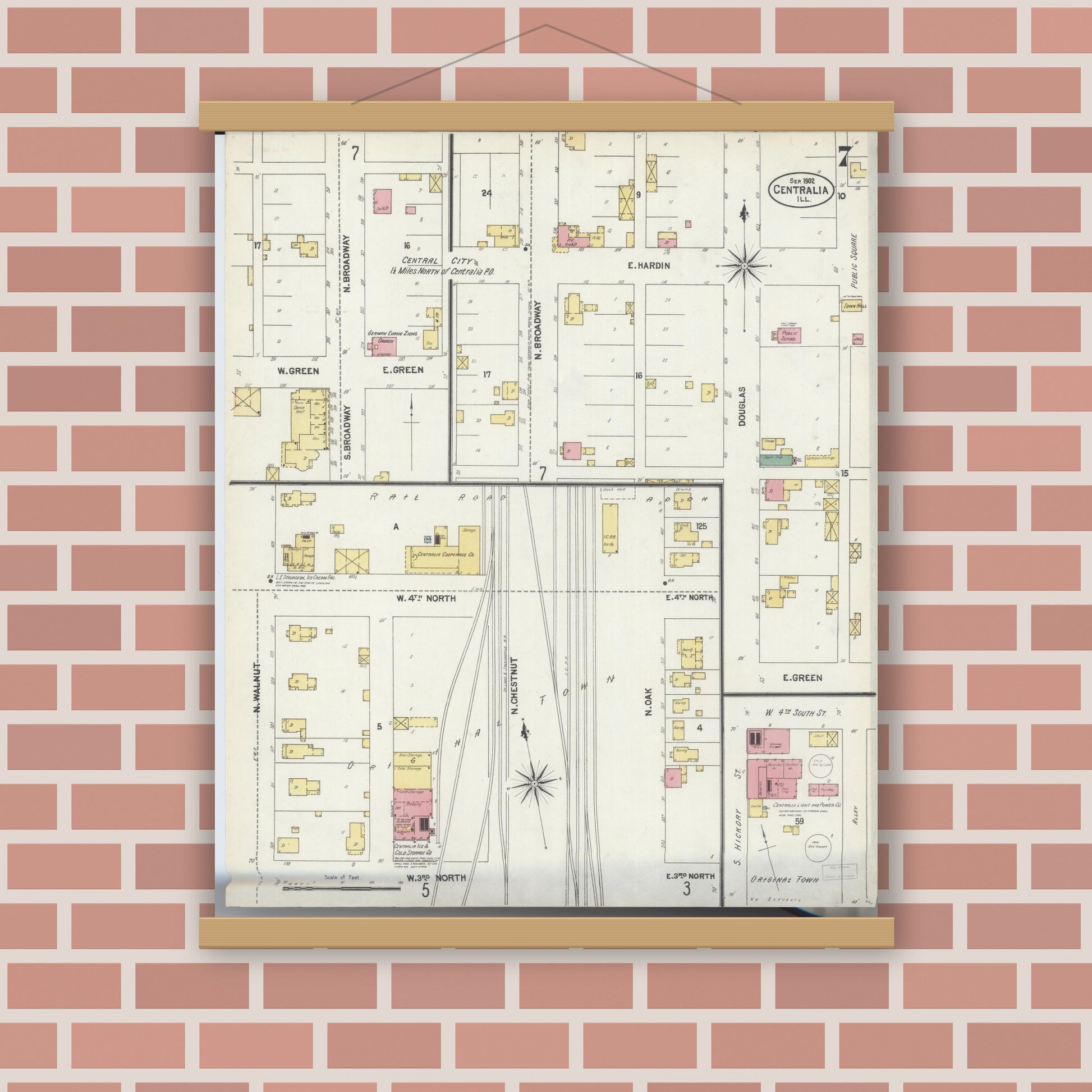 Old map wall art mockup — magnetic wood frame on brick wall — Sanborn Fire Insurance Map from Centralia, Marion, Clinton, Jefferson, and Washington Counties, Illinois (1902), Sheet #0007