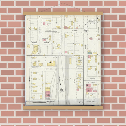 Old map wall art mockup — magnetic wood frame on brick wall — Sanborn Fire Insurance Map from Centralia, Marion, Clinton, Jefferson, and Washington Counties, Illinois (1902), Sheet #0007