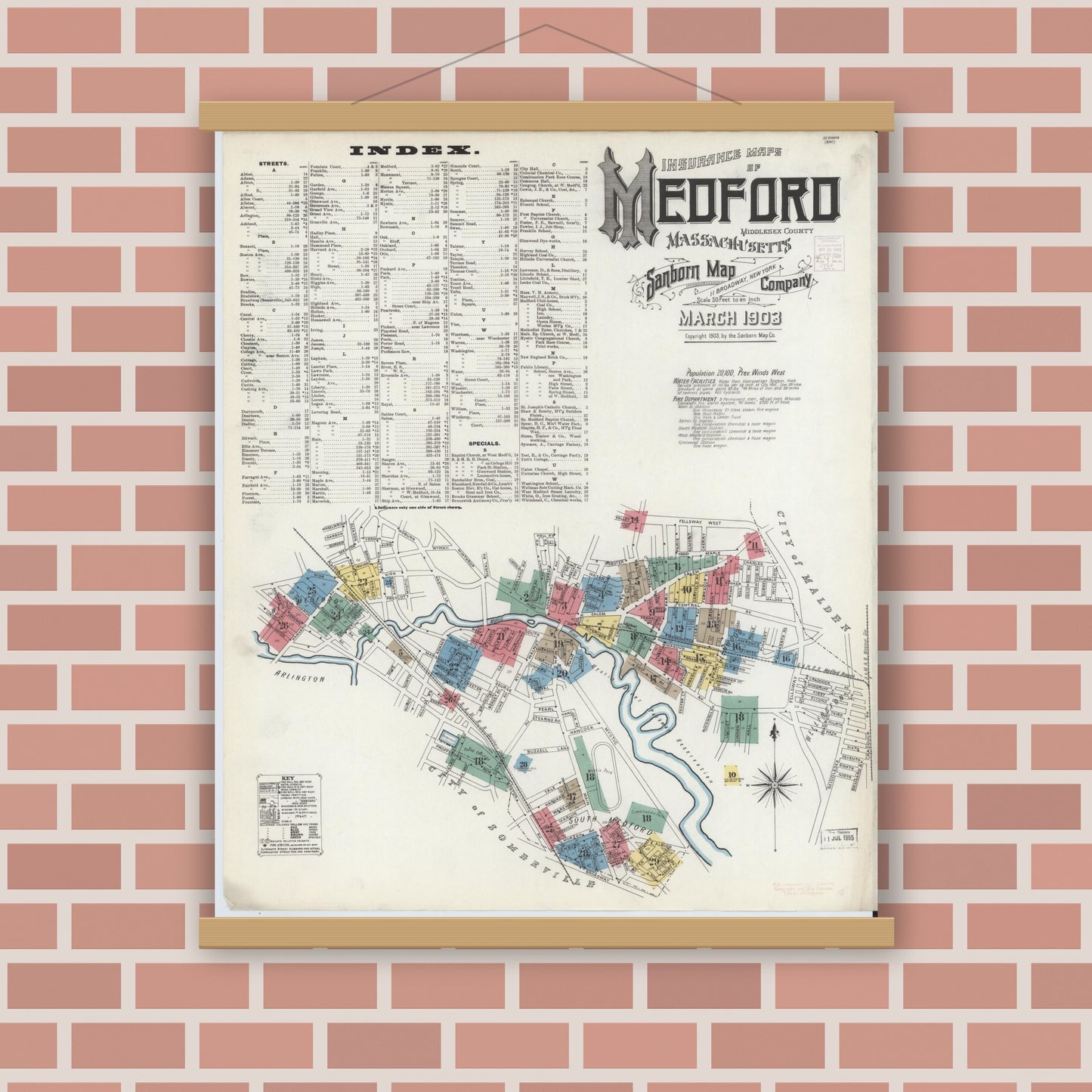 Old map wall art mockup — magnetic wood frame on brick wall — Sanborn Fire Insurance Map from Medford, Middlesex County, Massachusetts (1903) - Complete Map Set
