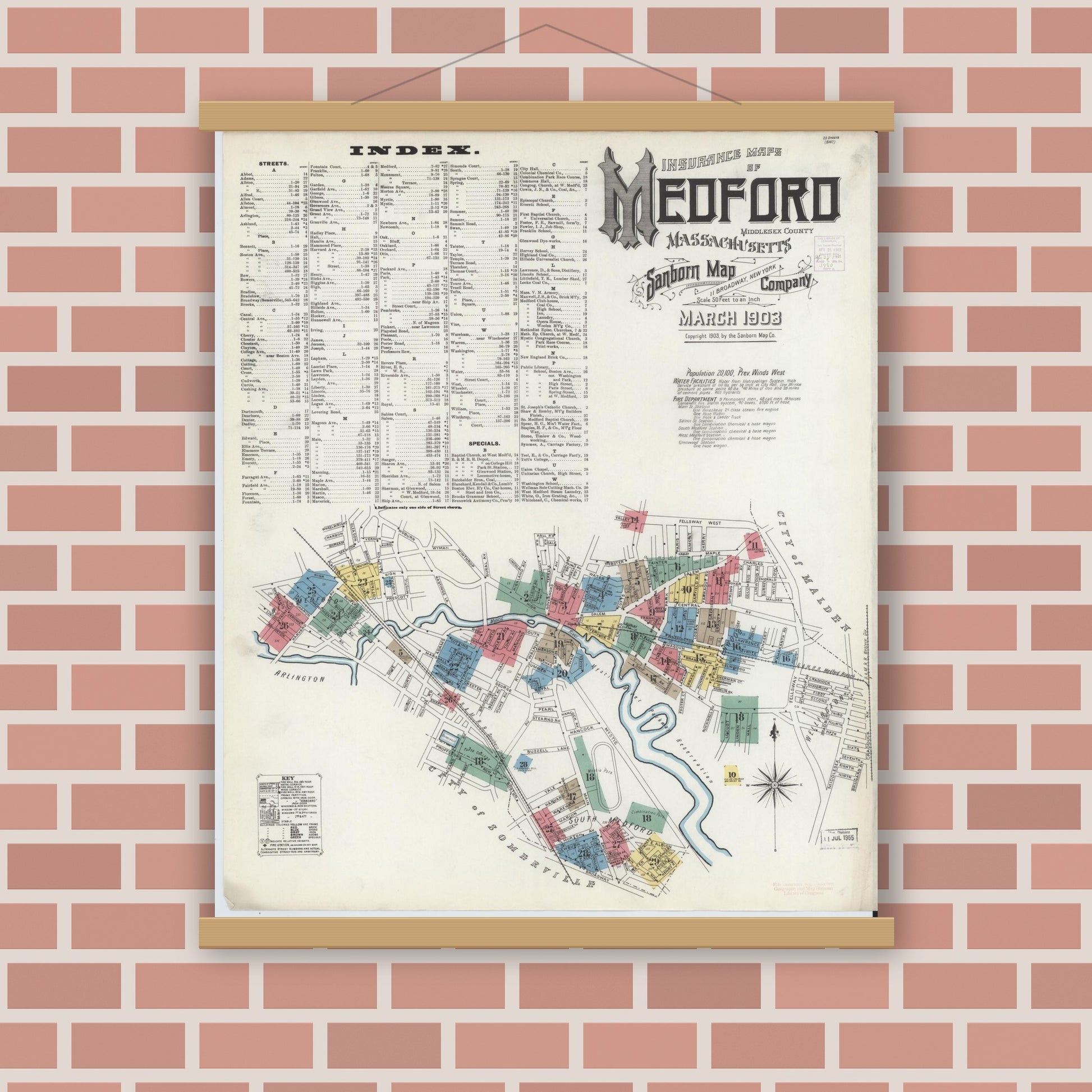 Old map wall art mockup — magnetic wood frame on brick wall — Sanborn Fire Insurance Map from Medford, Middlesex County, Massachusetts (1903) - Complete Map Set
