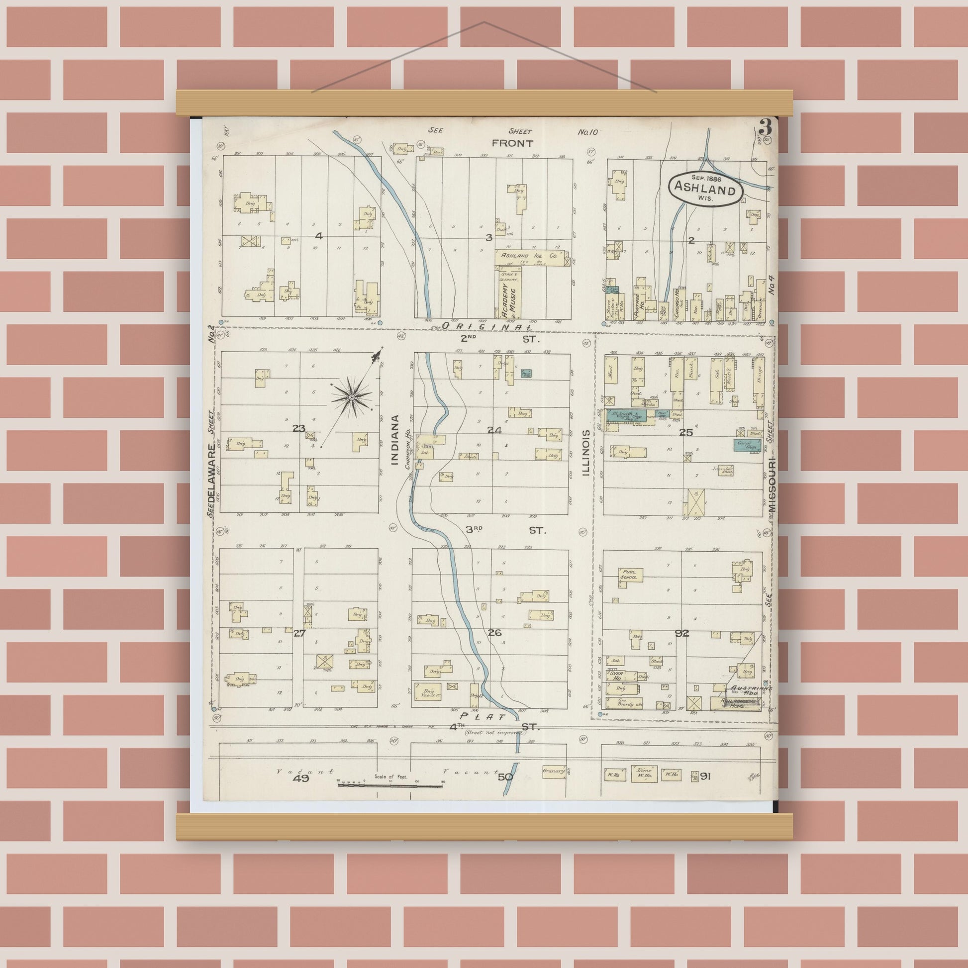 Old map wall art mockup — magnetic wood frame on brick wall — Sanborn Fire Insurance Map from Ashland, Ashland County, Wisconsin (1886), Sheet #0003