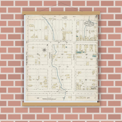 Old map wall art mockup — magnetic wood frame on brick wall — Sanborn Fire Insurance Map from Ashland, Ashland County, Wisconsin (1886), Sheet #0003