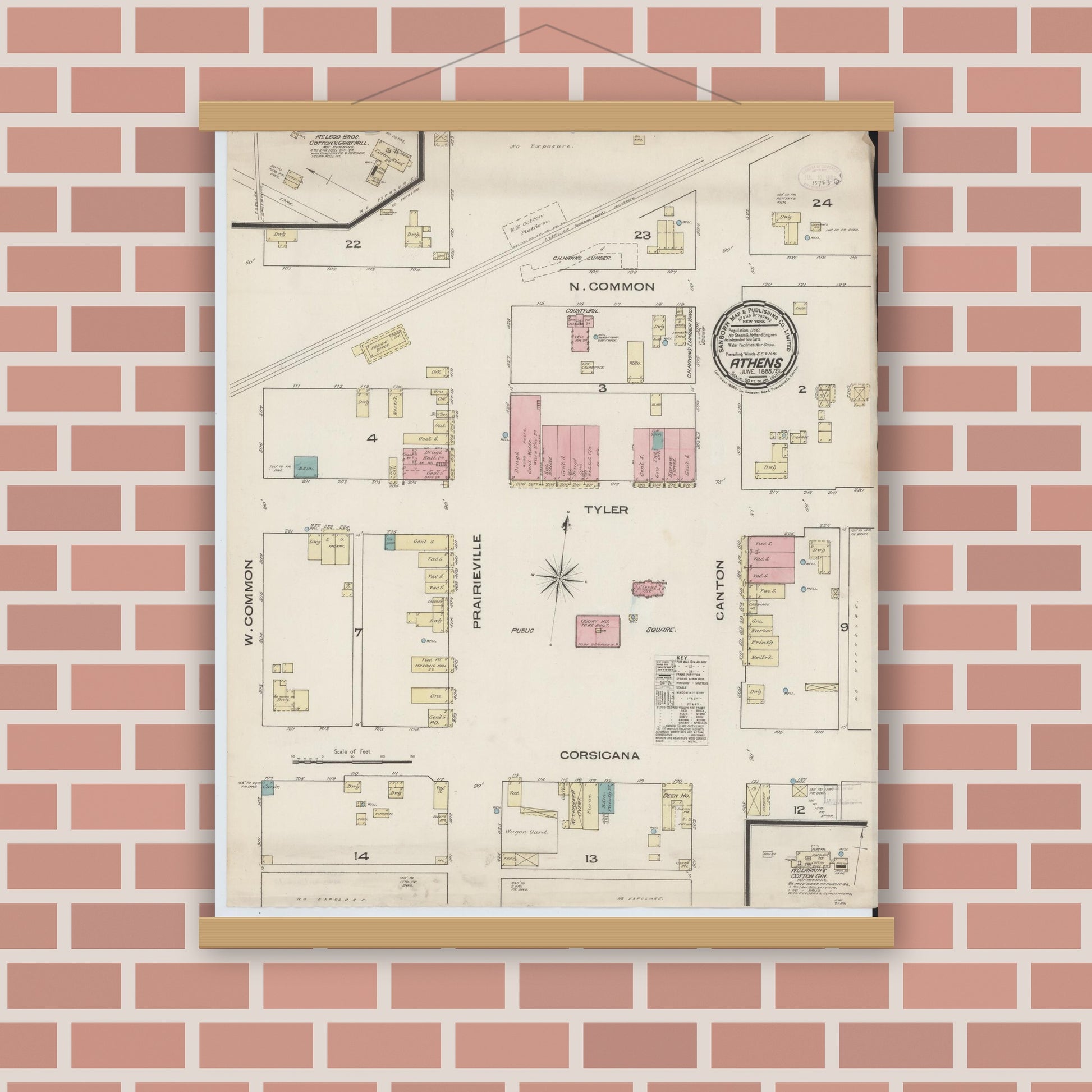 Old map wall art mockup — magnetic wood frame on brick wall — Sanborn Fire Insurance Map from Athens, Henderson County, Texas (1885), Sheet #0001