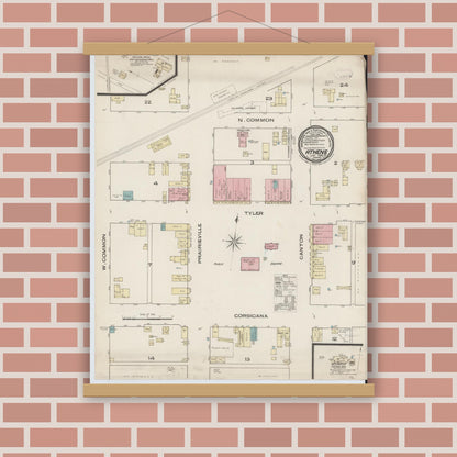 Old map wall art mockup — magnetic wood frame on brick wall — Sanborn Fire Insurance Map from Athens, Henderson County, Texas (1885), Sheet #0001