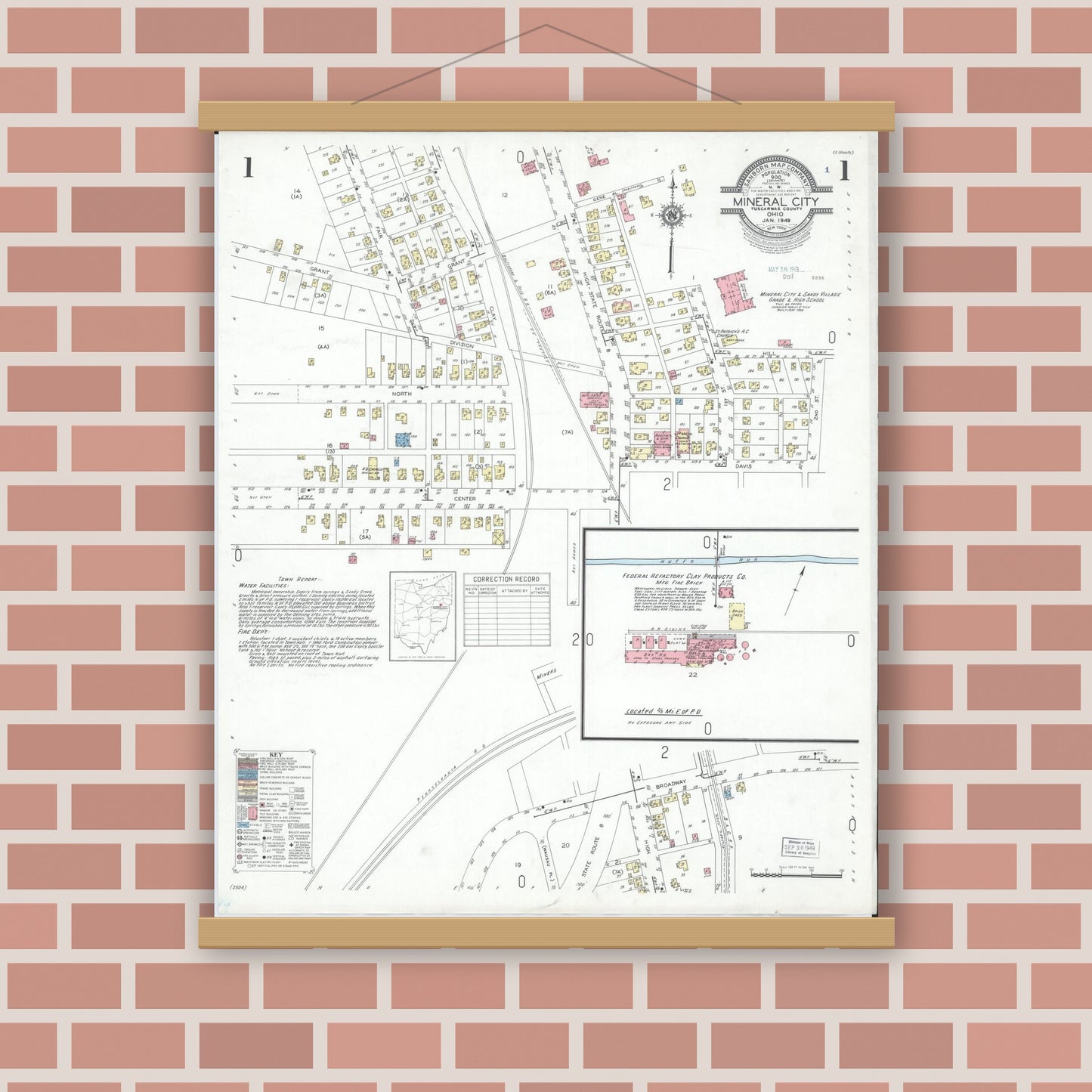 Old map wall art mockup — magnetic wood frame on brick wall — Sanborn Fire Insurance Map from Mineral City, Tuscarawas County, Ohio (1949), Sheet #0001