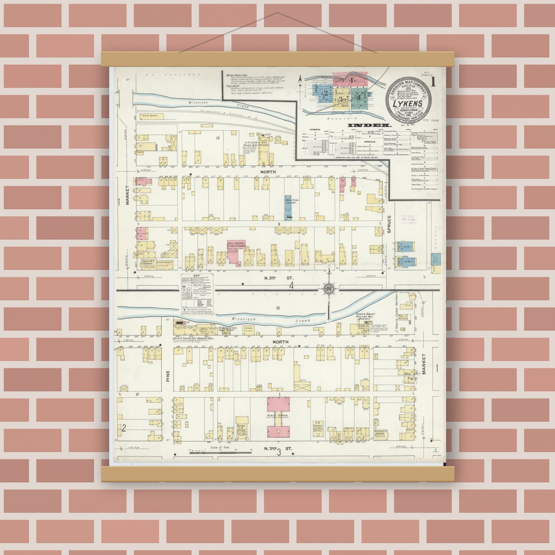 Old map wall art mockup — magnetic wood frame on brick wall — Sanborn Fire Insurance Map from Lykens, Dauphin County, Pennsylvania (1911) - Complete Map Set