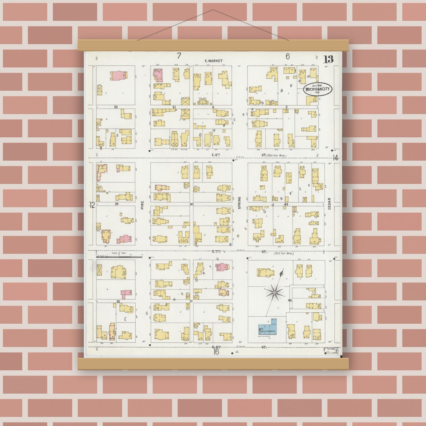 Old map wall art mockup — magnetic wood frame on brick wall — Sanborn Fire Insurance Map from Michigan City, La Porte County, Indiana (1899), Sheet #0013