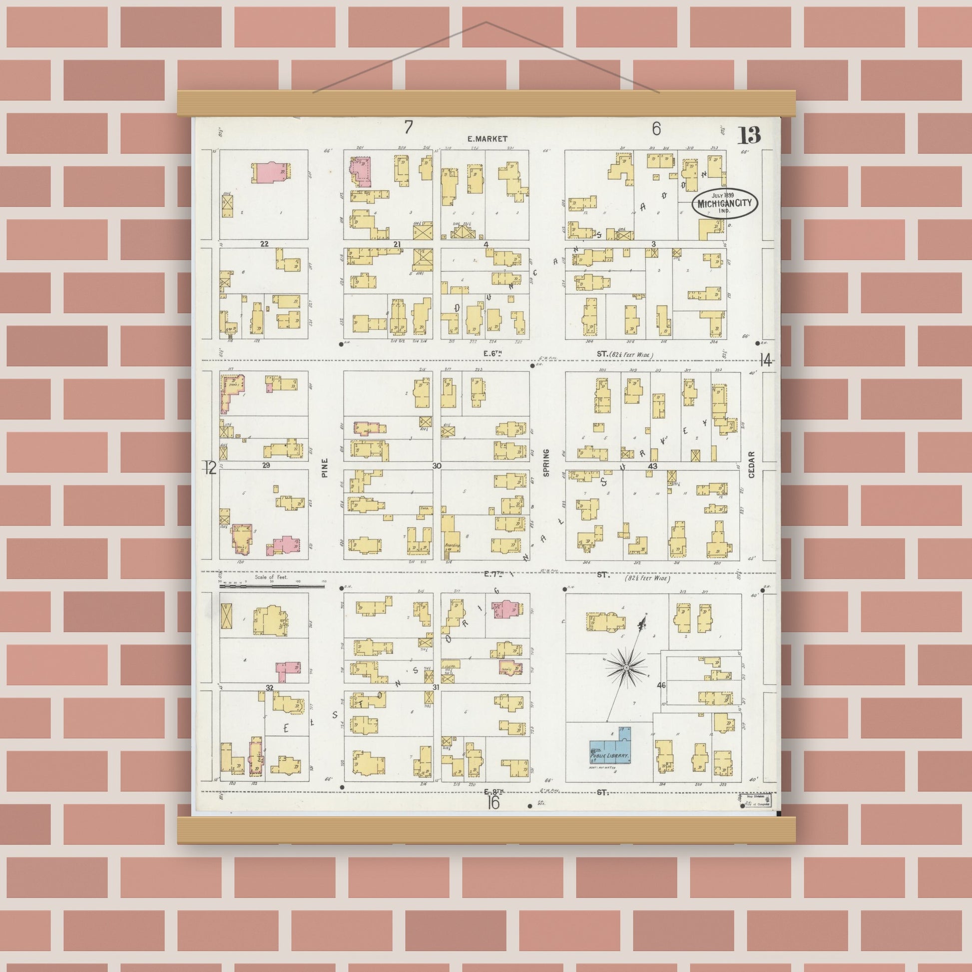 Old map wall art mockup — magnetic wood frame on brick wall — Sanborn Fire Insurance Map from Michigan City, La Porte County, Indiana (1899), Sheet #0013