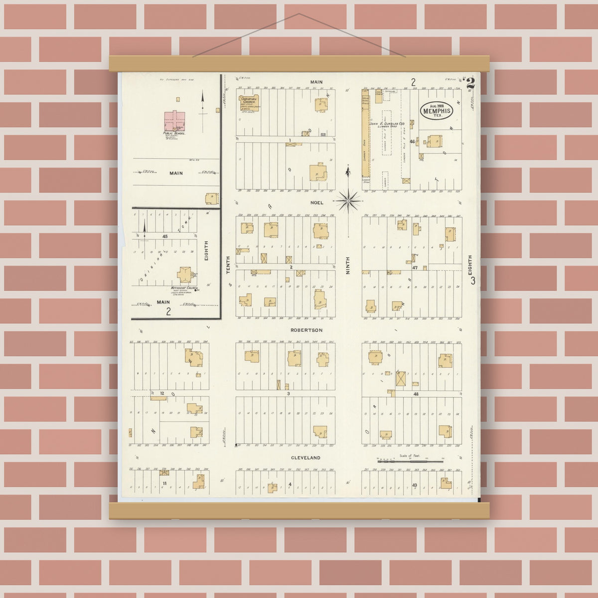 Old map wall art mockup — magnetic wood frame on brick wall — Sanborn Fire Insurance Map from Memphis, Hall County, Texas (1908), Sheet #0002