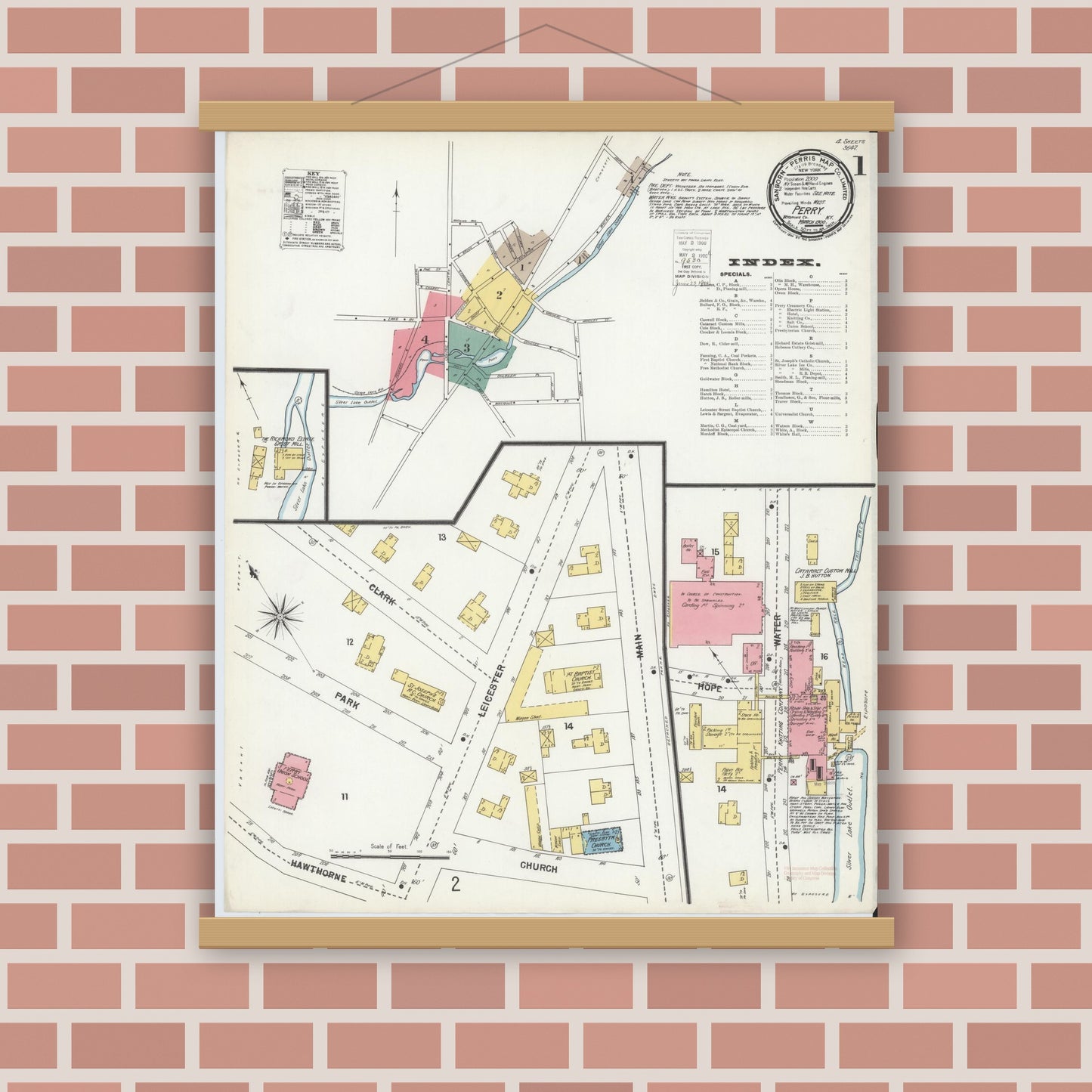 Old map wall art mockup — magnetic wood frame on brick wall — Sanborn Fire Insurance Map from Perry, Wyoming County, New York (1900) - Complete Map Set
