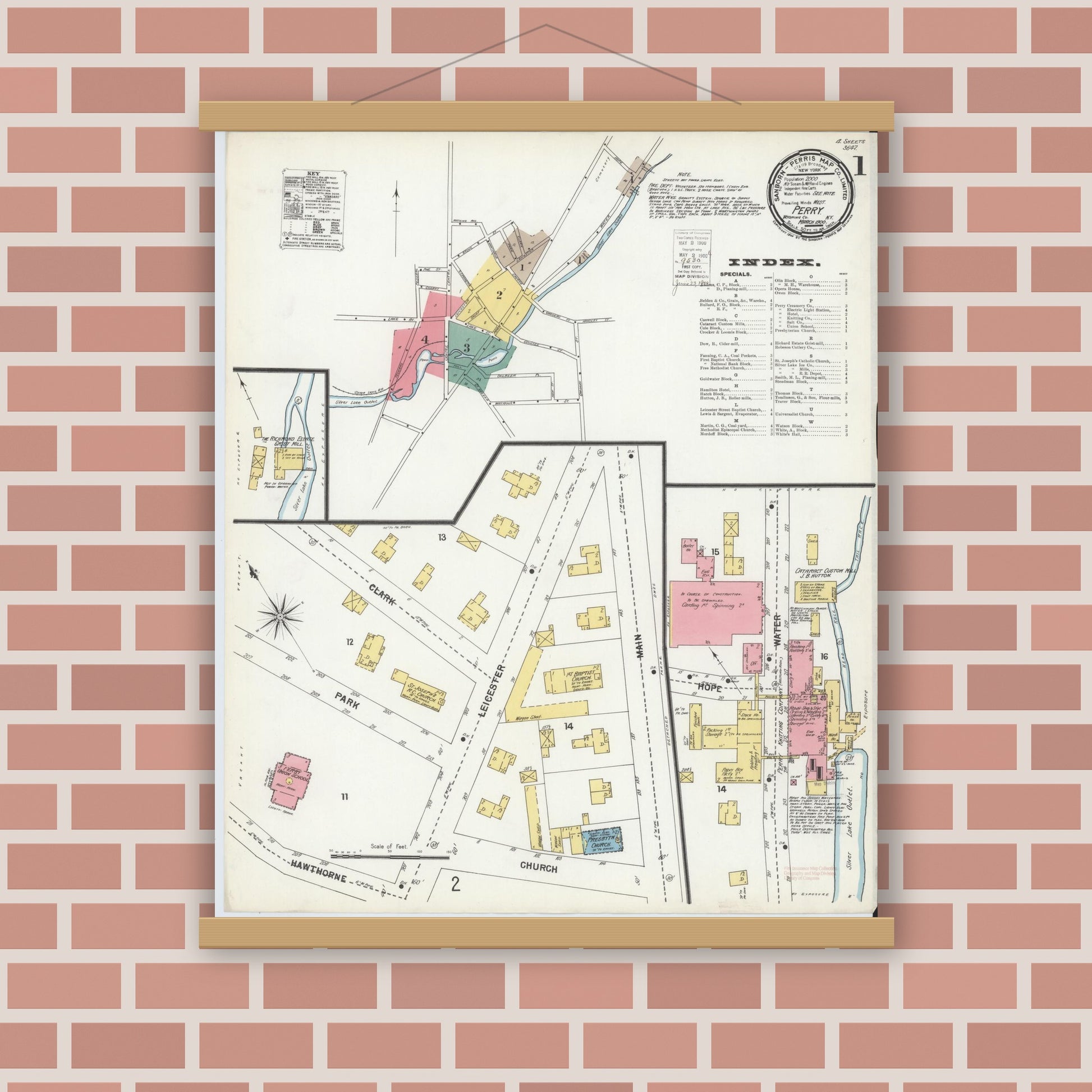 Old map wall art mockup — magnetic wood frame on brick wall — Sanborn Fire Insurance Map from Perry, Wyoming County, New York (1900) - Complete Map Set