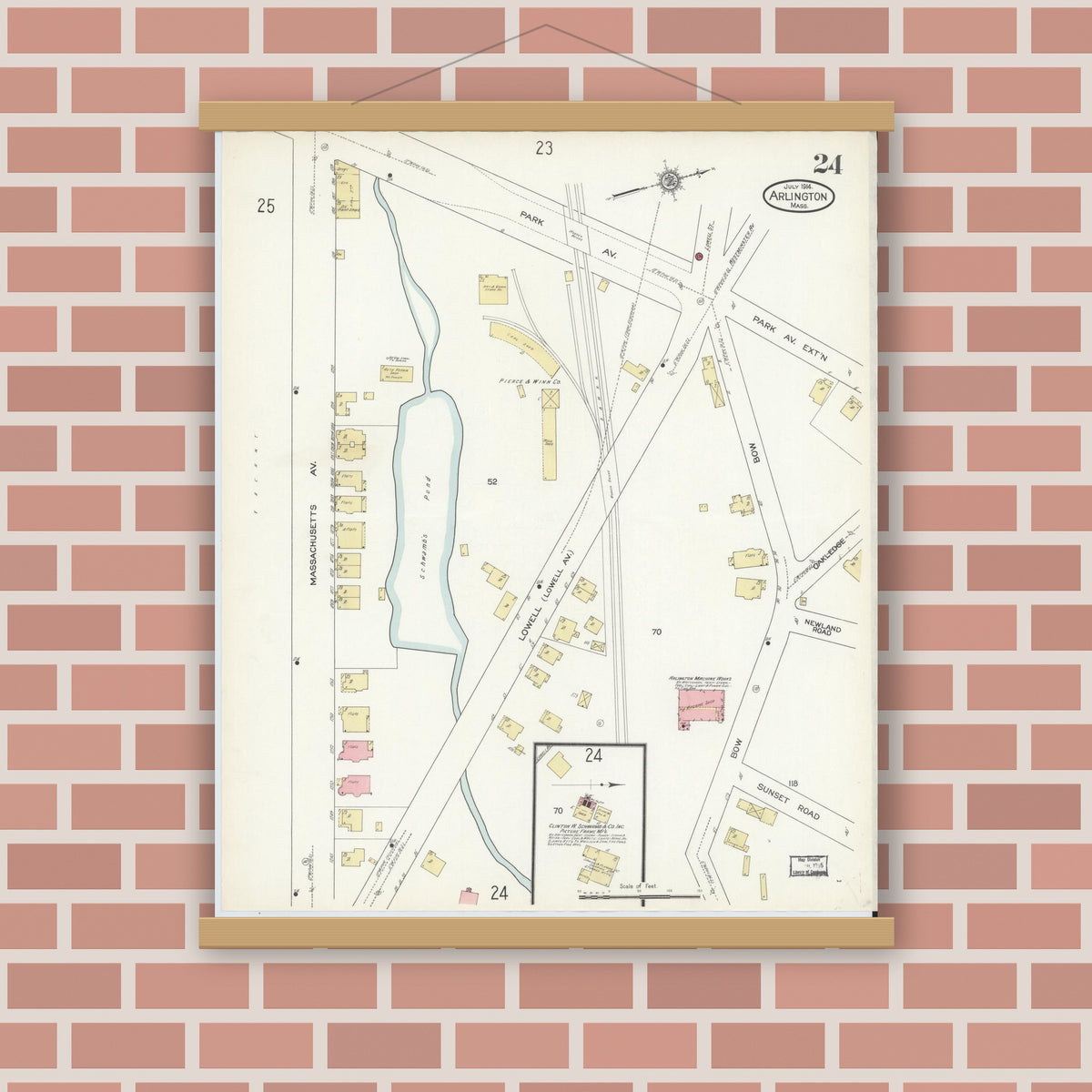 Old map wall art mockup — magnetic wood frame on brick wall — Sanborn Fire Insurance Map from Arlington, Middlesex County, Massachusetts (1914), Sheet #0024