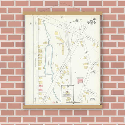 Old map wall art mockup — magnetic wood frame on brick wall — Sanborn Fire Insurance Map from Arlington, Middlesex County, Massachusetts (1914), Sheet #0024