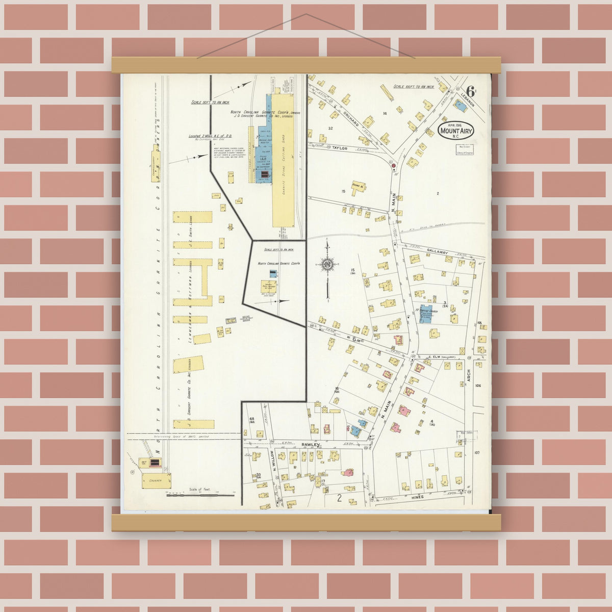 Old map wall art mockup — magnetic wood frame on brick wall — Sanborn Fire Insurance Map from Mount Airy, Surry County, North Carolina (1916), Sheet #0006