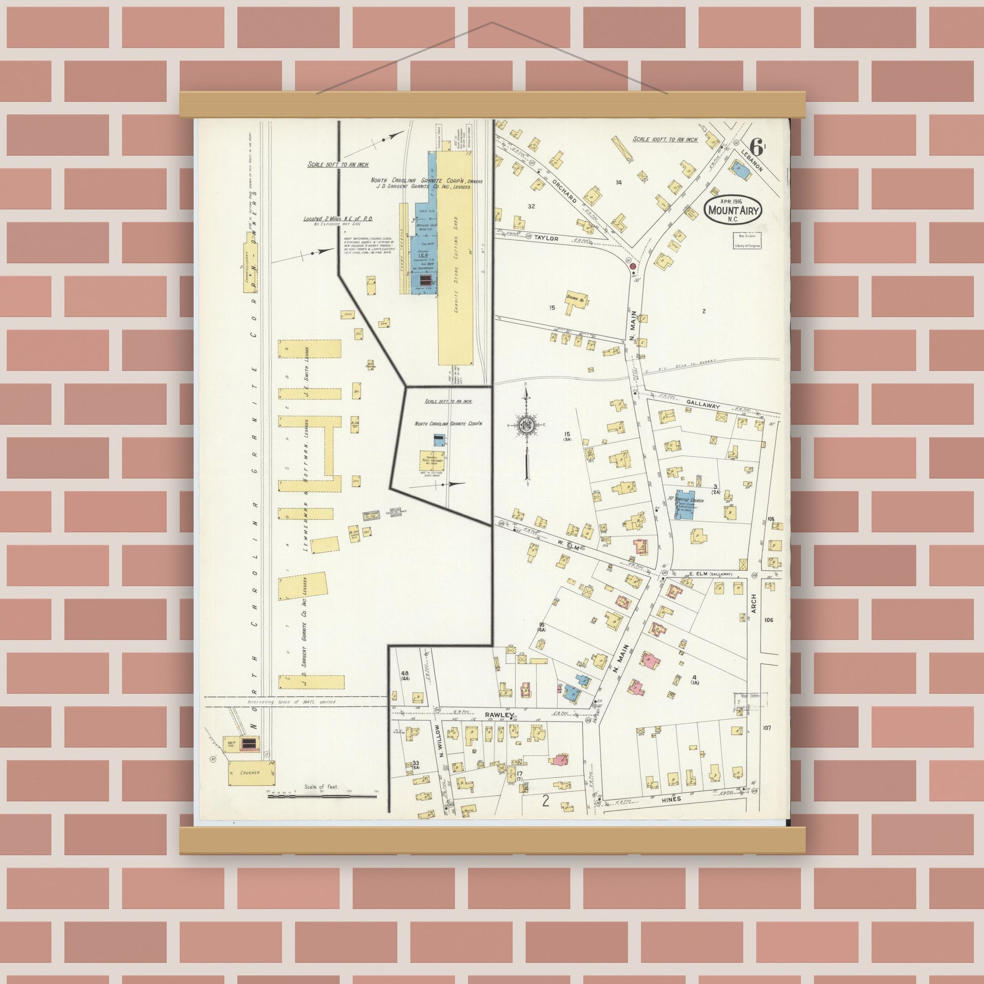 Old map wall art mockup — magnetic wood frame on brick wall — Sanborn Fire Insurance Map from Mount Airy, Surry County, North Carolina (1916), Sheet #0006