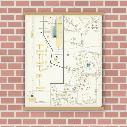 Old map wall art mockup — magnetic wood frame on brick wall — Sanborn Fire Insurance Map from Mount Airy, Surry County, North Carolina (1916), Sheet #0006