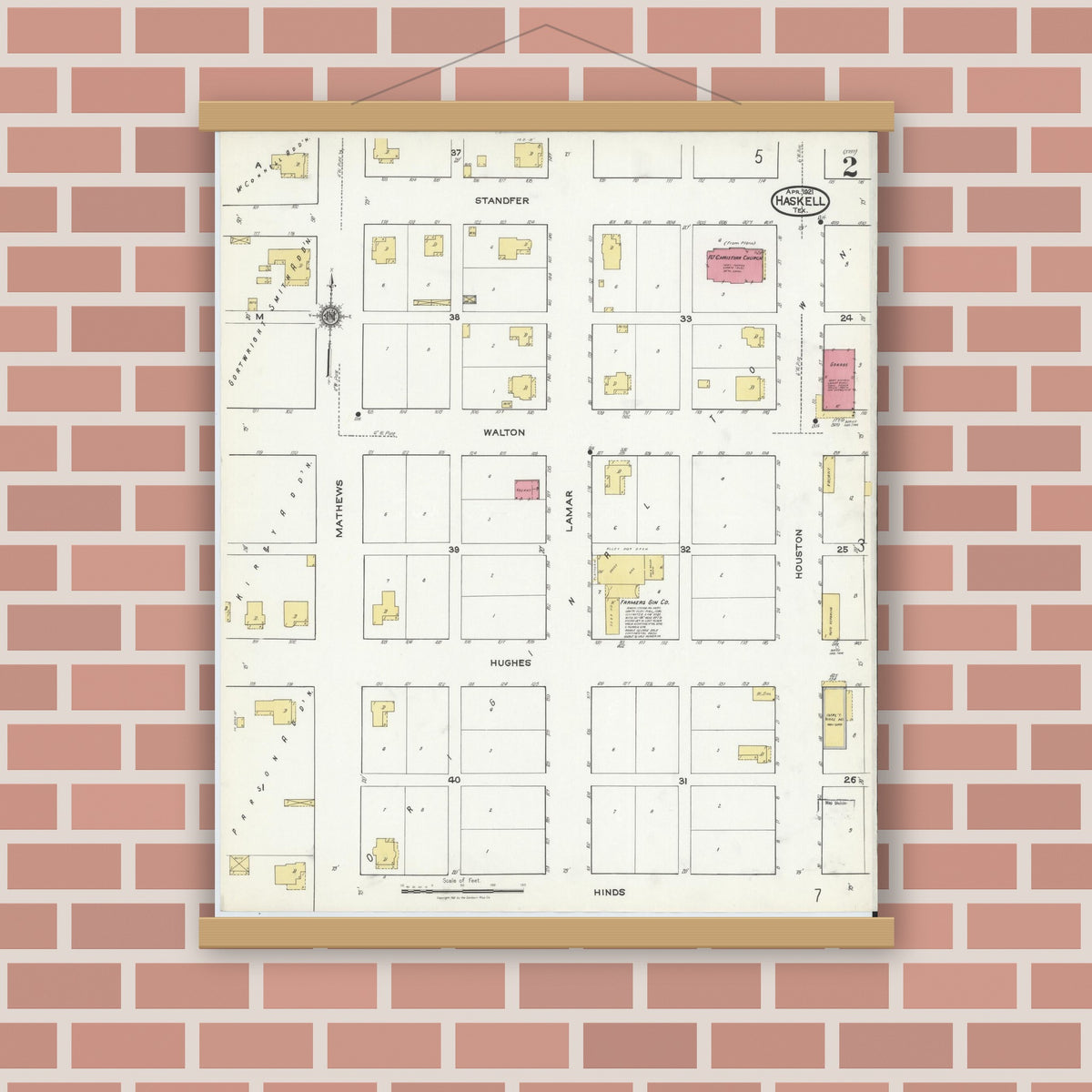 Old map wall art mockup — magnetic wood frame on brick wall — Sanborn Fire Insurance Map from Haskell, Haskell County, Texas (1921), Sheet #0002